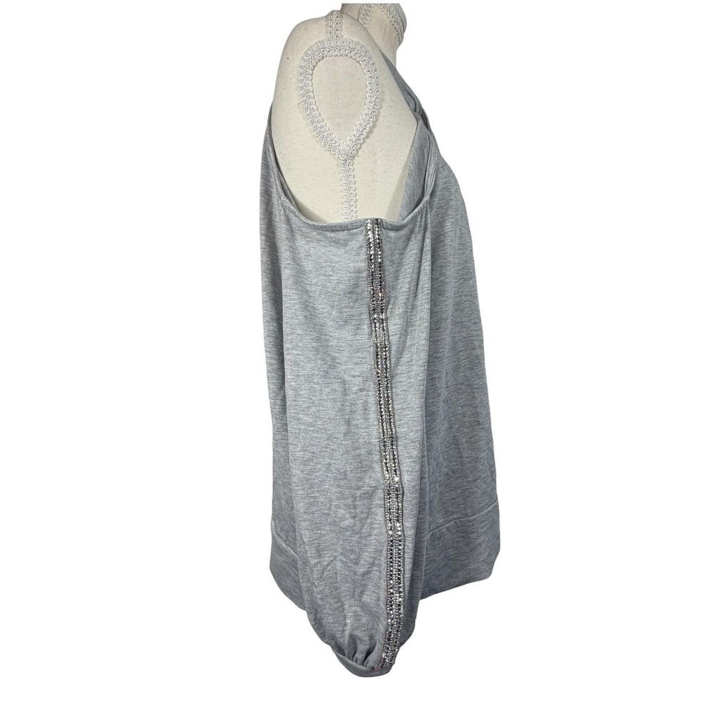 VENUS Cold Shoulder Top Womens L Gray Rhinestone Keyhole Halter Long Sleeve - Picture 12 of 17